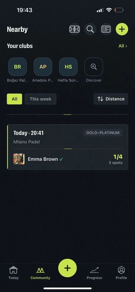 Nearby: your clubs and an open session with three spots left