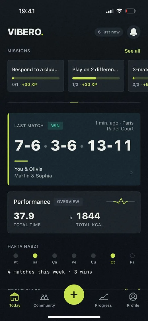The Today screen: missions, the last match 7-6 3-6 13-11, and this week's pulse