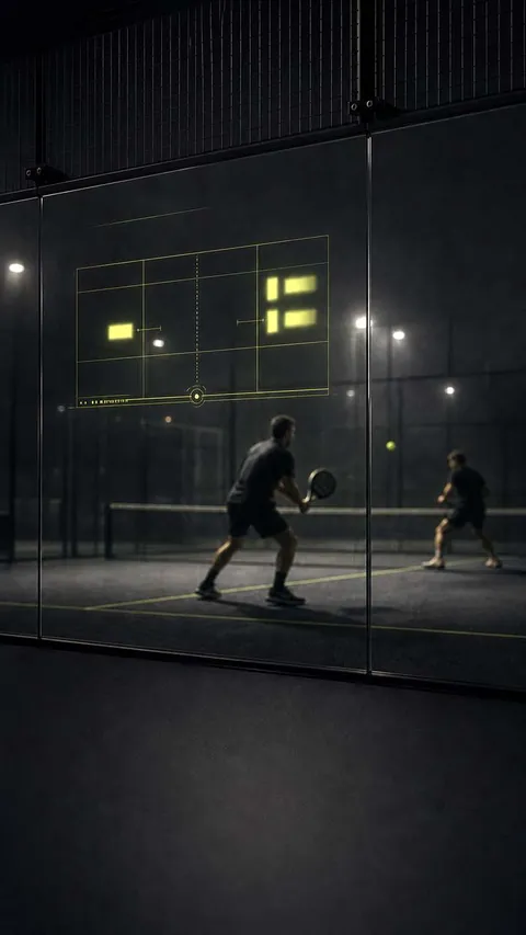 A padel court at night seen through the glass wall, with a court diagram overlaid
