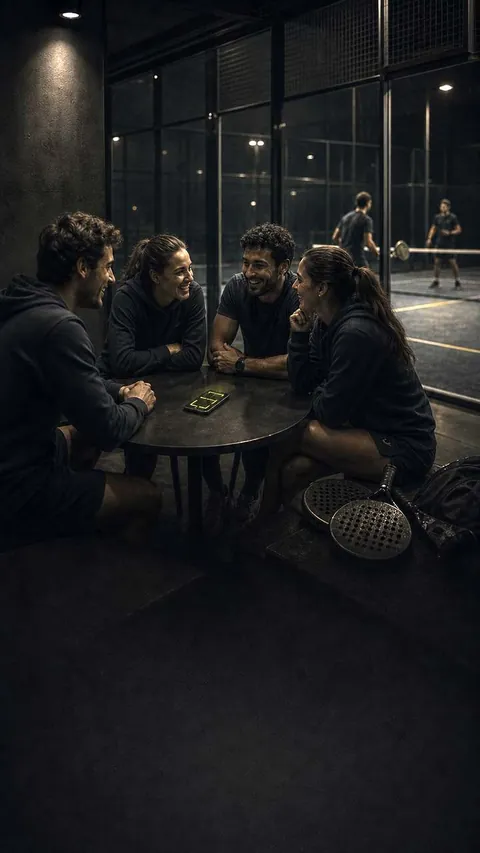 Four players around a table at the club, a court visible through the glass behind them